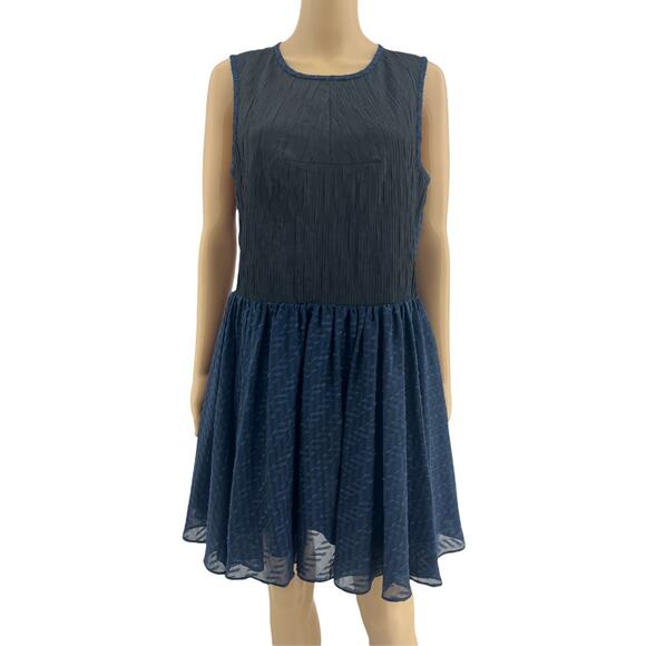 Rachel Rachel Roy US 12 Blue Black Crinkle Pleat Fit & Flare Mini Dress - Picture 1 of 6